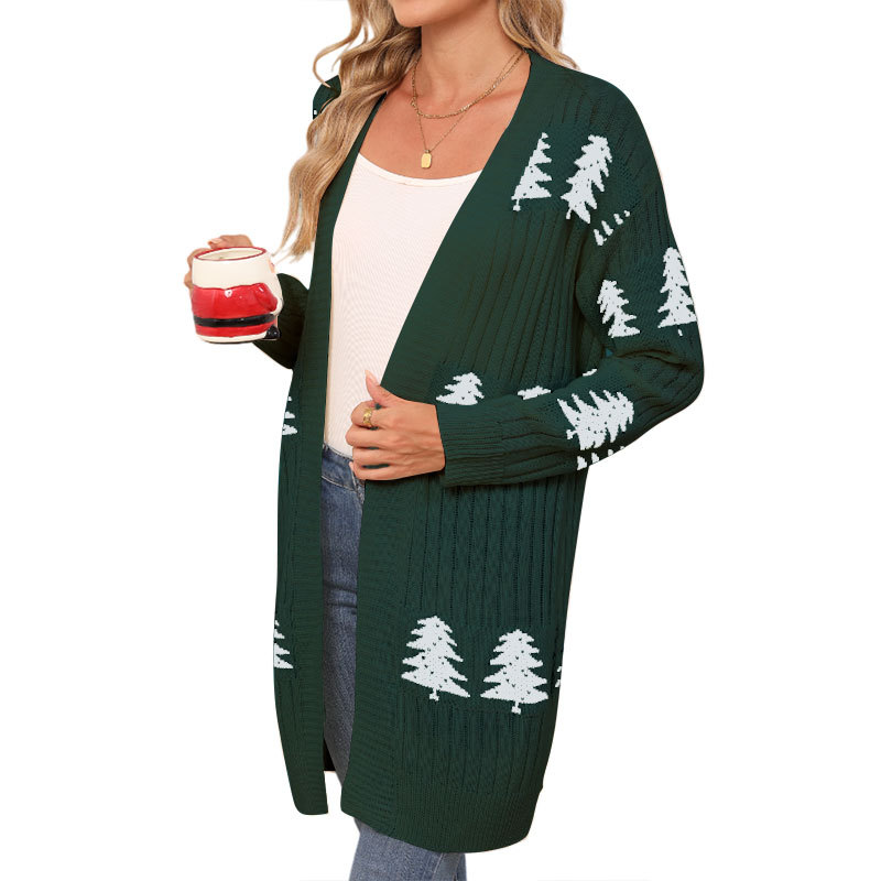 Womens Christmas Tree Pattern Long Cardigan Winter Open Front Knit Sweater